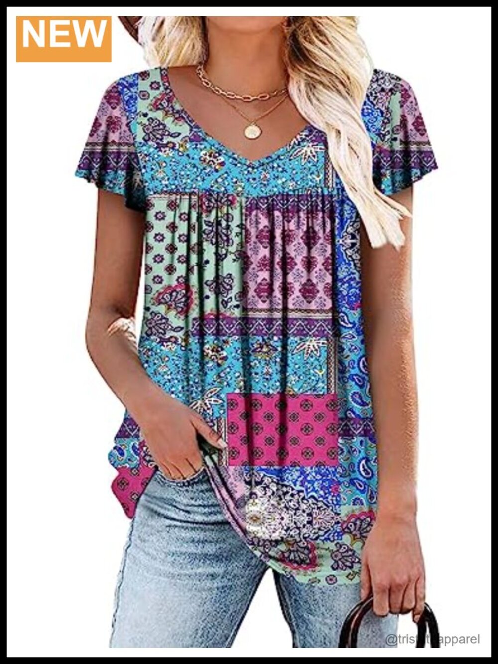 Ruffle Sleeve Tunic Top V Neck Loose Fit Short Sleeve Summer Shirt
